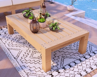 Planos para construir una mesa de centro de madera para exteriores (PDF), muebles modernos para patio, fácil de armar.