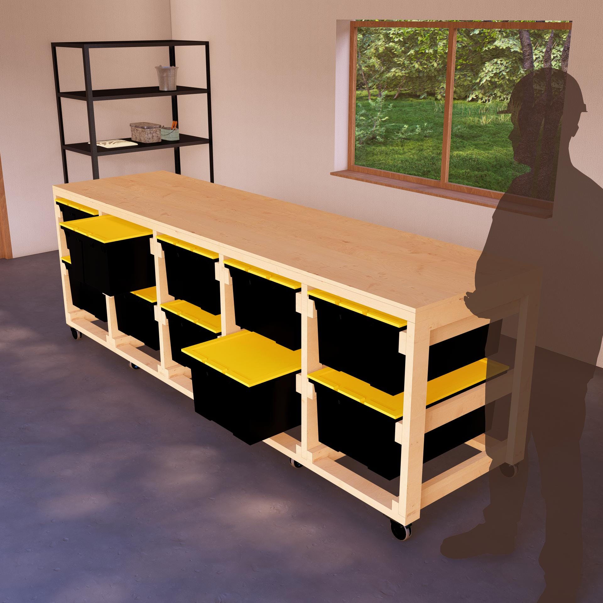 Modular DIY Tote Rack Workbench Plans, Space-Saving Wooden Design for 10 27-Gallon Bins, Mobile and Dual-Purpose for Workshops Optimization