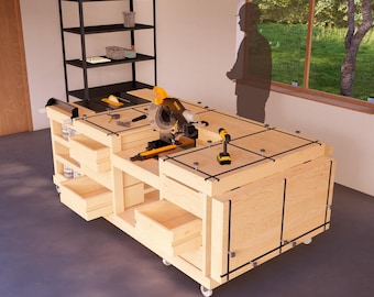 4x8 ft DIY Foldable Garage Workbench Plans – Space-Saving Design with T-Track Slots, Shelves, Drawers, Foldable and Expandable Work Surfaces