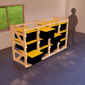 DIY Garage Tote Storage Shelving Plans, Modular Wooden Rack for 12 27-Gallon Bins, Space-Saving and Mobile Solution, Workshop Organization