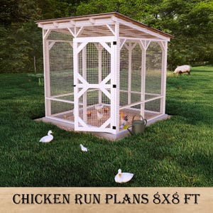 Printable DIY Chicken Run Plans with Roof, 8×8 ft Outdoor Poultry Run for 10-12 Chickens, 2×4 Framed Design, Secure Backyard Chicken Pen PDF