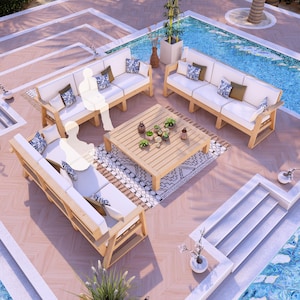 Könnte beinhalten: Ein Gartenmöbelset aus Holz mit zwei weißen Sofas mit Kissen, einem quadratischen Couchtisch und einem gemusterten Teppich. Die Möbel sind um einen Pool mit blauem Wasser angeordnet.
