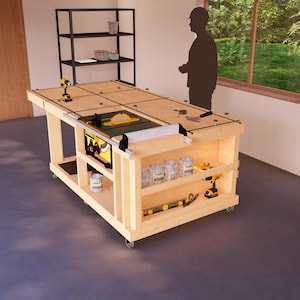 May include: A wooden workbench with a table saw, shelves, and drawers. The workbench is on wheels and has a black metal shelving unit in the background.
