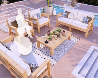 DIY Outdoor Sofa & Single Seat Plans, Wooden Modular Patio Furniture Set with Coffee Table, Space-Saving Sturdy Design Comfortable Patio Set