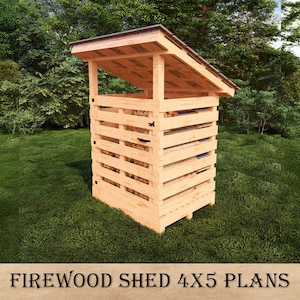 May include: A wooden firewood shed with a slanted roof and a slatted design. The shed is 4 feet by 5 feet and is ideal for storing firewood.