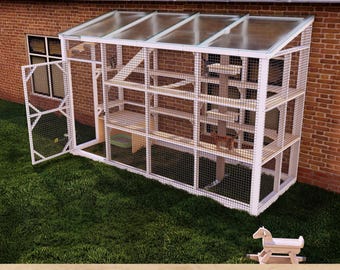 DIY 5x14 Catio Plans Covered Wall Mounted Enclosure With Litter Area Shelves Door PDF