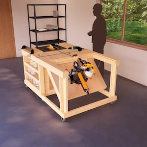 Premium DIY Mobile Garage Workbench Plans - Expandable 4x6 Foldable Miter Saw Station with Side Shelves for Ultimate Workspace Efficiency