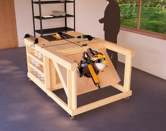 Premium DIY Mobile Garage Workbench Plans - Expandable 4x6 Foldable Miter Saw Station with Side Shelves for Ultimate Workspace Efficiency
