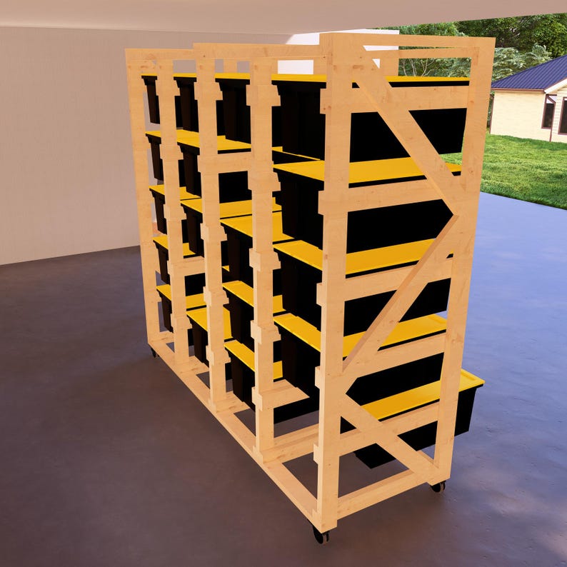 DIY Tote Storage Rack Plans, Mobile Wooden Shelving Unit for 27-gallon ...