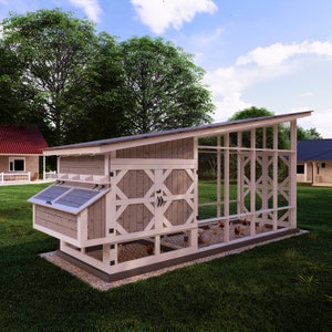 May include: A wooden chicken coop with a white trim and a large run. The coop has a nesting box and a door that opens to the run. The run is enclosed with wire mesh and has a roof.