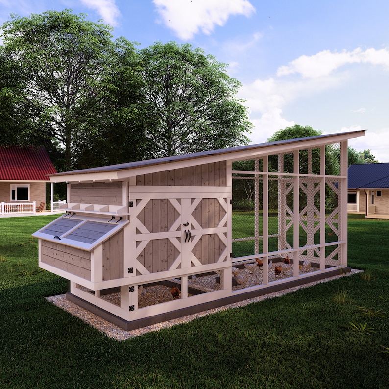 May include: A wooden chicken coop with a white trim and a large run. The coop has a nesting box and a door that opens to the run. The run is enclosed with wire mesh and has a roof.