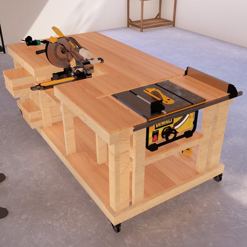 May include: A wooden workbench with a black and yellow DeWalt table saw and a black and yellow miter saw. The workbench has a wooden top and a lower shelf. The workbench is on wheels.