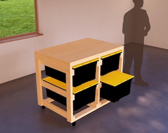DIY Modular Tote Rack Workbench Plans, Holds 4 27-Gallon Bins, Dual Functional Wooden Design for Organized Garages and Small Workshops