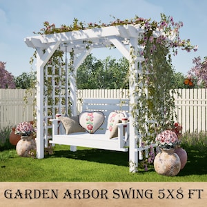 May include: A white wooden garden arbor swing, measuring approximately 1.5 x 2.4 metres, with a trellis design and a swing seat. The swing is decorated with climbing plants and cushions. The scene is set on a green lawn with flower pots and a white picket fence.