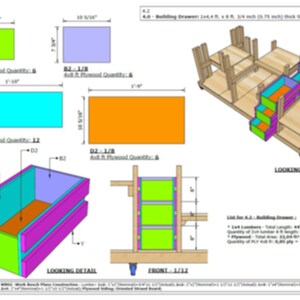 May include: A technical drawing of a building drawer with dimensions and a list of materials. The drawer is made of plywood and has a colorful design. The drawing shows the drawer from different angles, including a front view, a side view, and a detailed view.