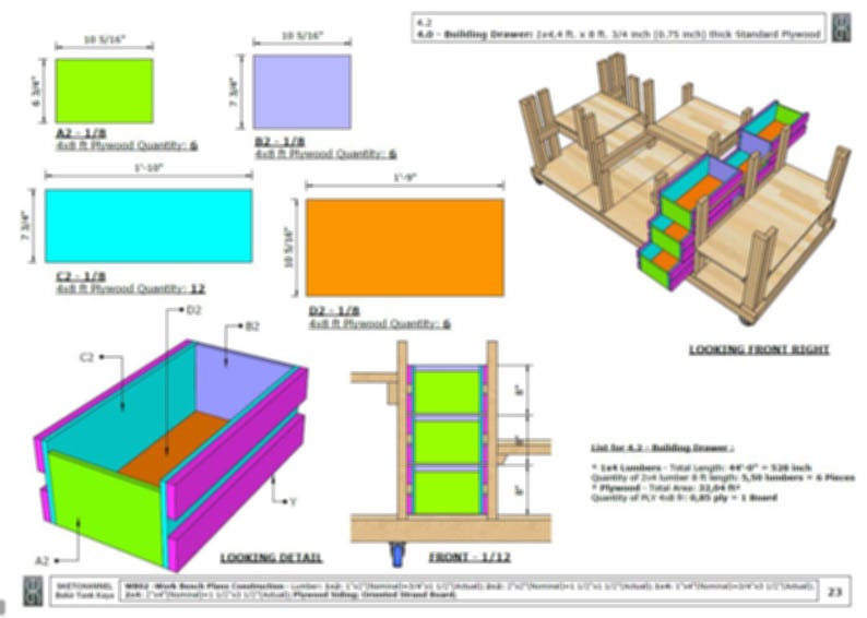 May include: A technical drawing of a building drawer with dimensions and a list of materials. The drawer is made of plywood and has a colorful design. The drawing shows the drawer from different angles, including a front view, a side view, and a detailed view.