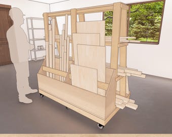 木製移動式ストレージカート DIY移動式木材カートの設計図 – ガレージ用木材収納ラック（PDF