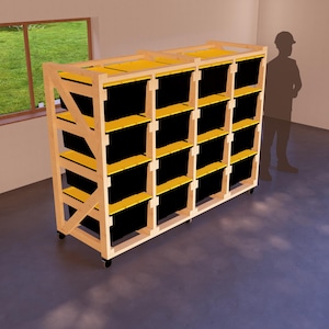 May include: A wooden storage shelf with 12 black storage bins. The shelf has yellow trim and is on wheels. The shelf is in a garage setting.