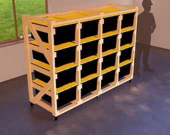 DIY 16-Bin Tote Storage Rack Plans, Wooden Modular Shelves for 27-Gallon Bins, Mobile and Space-Saving Garage Solution and Organized Spaces