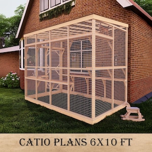 DIY Outdoor Happy Catio Plans, Large 6x10 ft Enclosure with Secure Fencing, Wall-Mounted Design & Window Access for Safe Feline Adventures