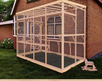 DIY Outdoor Happy Catio Plans, Large 6x10 ft Enclosure with Secure Fencing, Wall-Mounted Design & Window Access for Safe Feline Adventures