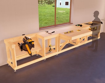 DIY Compact Workbench Plans 2x16 with Foldable Extra Work Surface - Space-Saving Design and Miter Saw Station - Perfect for Woodworking