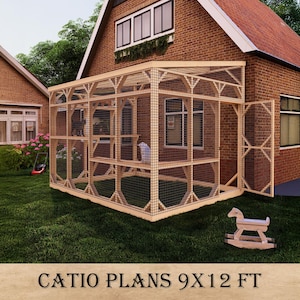 Planos de patio grande para gatos: un espacioso catio exterior adosado a la casa, con estantes de escalada de varios niveles, un recinto seguro y de juego para gatos con aire fresco.