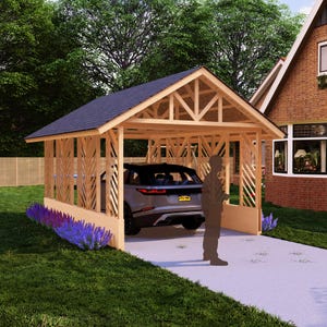 DIY Wooden Single Car Garage Plans, Elegant Garden Integration with Planter Boxes for Climbing Vines, Detailed Blueprint for Easy Building