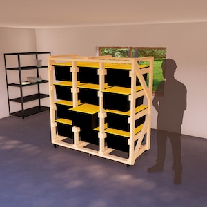 DIY Mobile Storage Rack Plans, Efficient Wooden Modular Shelves for 12 27-Gallon Bins, Perfect Mobile Shelves for Small Spaces and Workshops