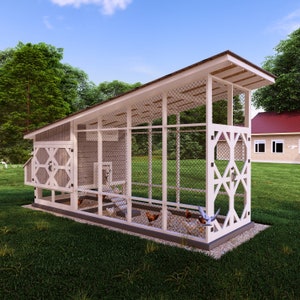 May include: White wooden chicken coop with a large run and a slanted roof. The coop has a nesting box and a door. The run is enclosed with wire mesh. There are chickens inside the run.