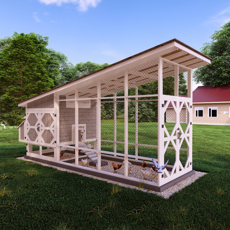 May include: White wooden chicken coop with a large run and a slanted roof. The coop has a nesting box and a door. The run is enclosed with wire mesh. There are chickens inside the run.