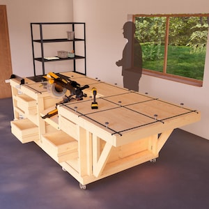 May include: A wooden workbench with a plywood top, drawers, and wheels. The workbench has a black power cord and a black and yellow power tool on the top.