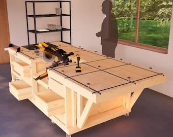 DIY Foldable Miter Saw Station Plans, Hidden Storage, T-Track, Drawers & Shelves – Space-Saving Workbench Design for Organized Spaces