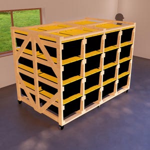 DIY Wooden 27 Gallon Tote Rack Plans, Sturdy 32-Bin Mobile Shelving Unit for Efficient Workshop & Garage Storage Solutions for Big Garages