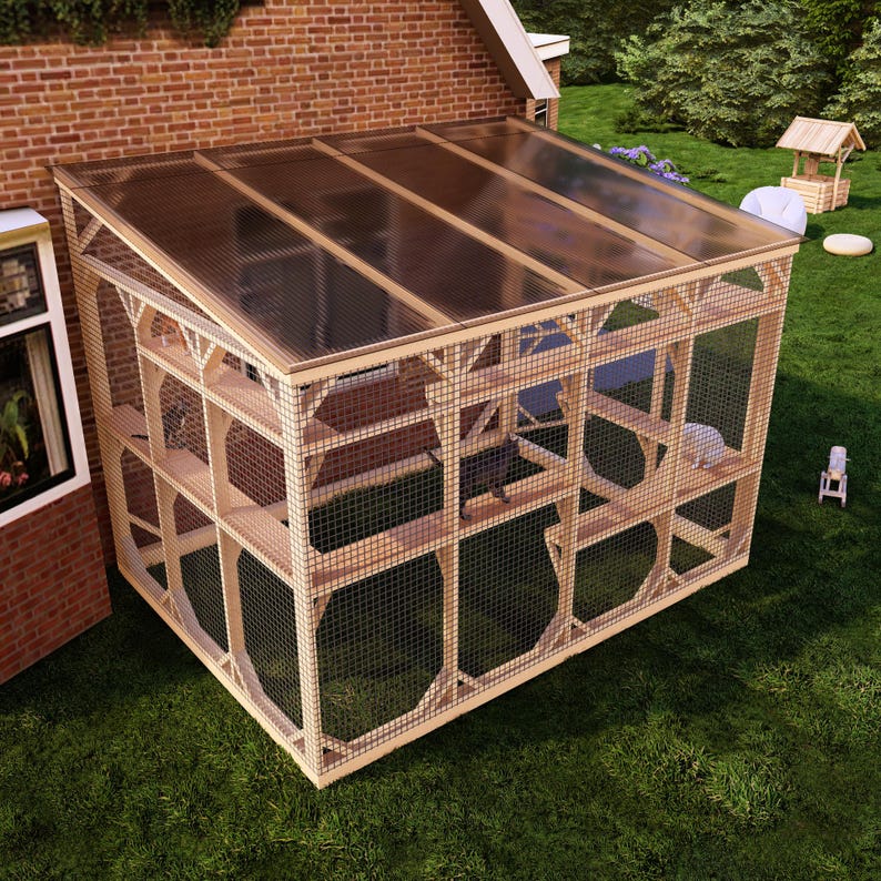 DIY Large Cat Patio Plans, Spacious Outdoor Catio Attached to House, Multi-Level Climbing Shelves Secure & Play Fresh Air Enclosure for Cats image 7
