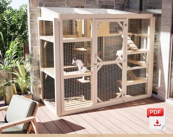 DIY Outdoor Cat Enclosure Plans 102x42 inch Scratching Post Ramps Platforms PDF