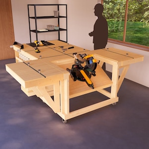 DIY Mobile Garage Modular Workbench Plans, Versatile Workstation with Miter Saw Station Storage, Expandable and Foldable Workspace Storage