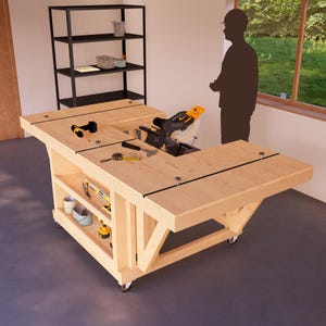 May include: A wooden workbench with a miter saw and shelves. The workbench has wheels and is made of unfinished wood. It is a great addition to any workshop or garage.