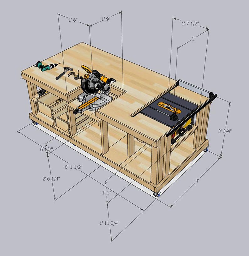 May include: A wooden workbench with a miter saw and table saw, measuring 8 feet 1 1/2 inches long, 2 feet 6 1/4 inches wide, and 3 feet 3/4 inches high. The workbench has a wooden top and a metal frame. It also has a shelf for storage.