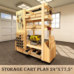 May include: A wooden storage cart plan with multiple shelves, drawers, and tool holders. The cart includes a pegboard for hanging tools, a yellow and black planer, and a series of angled storage compartments. The text "STORAGE CART PLAN 24"X77.5"" is at the bottom.