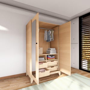 May include: A light wood wardrobe with a mirrored door and open shelves. The wardrobe has a hanging rod, drawers, and shelves for storing clothes. The wardrobe is in a room with wood floors.
