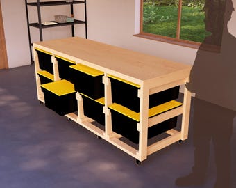 DIY Modular Mobile Tote Rack Workbench Plans, Holds 8 27-Gallon Bins, Space-Saving Wooden Design for Organized Garages and Workshops