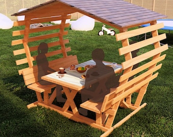 DIY Outdoor Bench and Table Plans with Roof for 4 People, Stylish and Functional Garden Furniture, Easy-to-Follow PDF Blueprint for Assembly