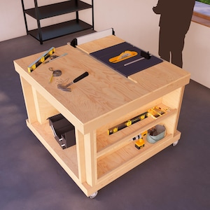 4x4 Versatile Modular Workbench Plans with Table Saw Station & Storage Shelves, Ideal for Efficient Garage Organization and DIY Projects