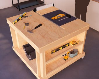 4x4 Versatile Modular Workbench Plans with Table Saw Station & Storage Shelves, Ideal for Efficient Garage Organization and DIY Projects