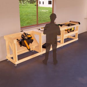 Transform your small workshop with our DIY 2x12 Workbench Plans featuring a space-saving design and a folding miter saw station for easy use