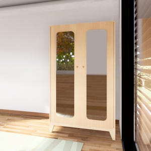 May include: A light wood cabinet with two doors and mirrored panels. The cabinet has a simple, modern design and is ideal for storing clothes or other items.