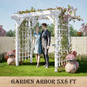 May include: A white wooden garden arbor, measuring approximately 1.5 metres wide by 2.4 metres tall, decorated with climbing plants and flowers. A couple stands beneath the arbor on a green lawn. Decorative vases with flowers are placed around the arbor. Text reads "GARDEN ARBOR 5X8 FT".