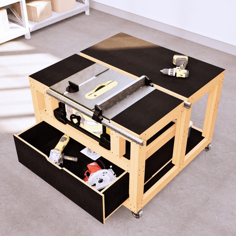 Changeable Tabletop Workbench DIY 4x4 Mobile Workbench Plans With Table Saw Station and Large Drawer ...