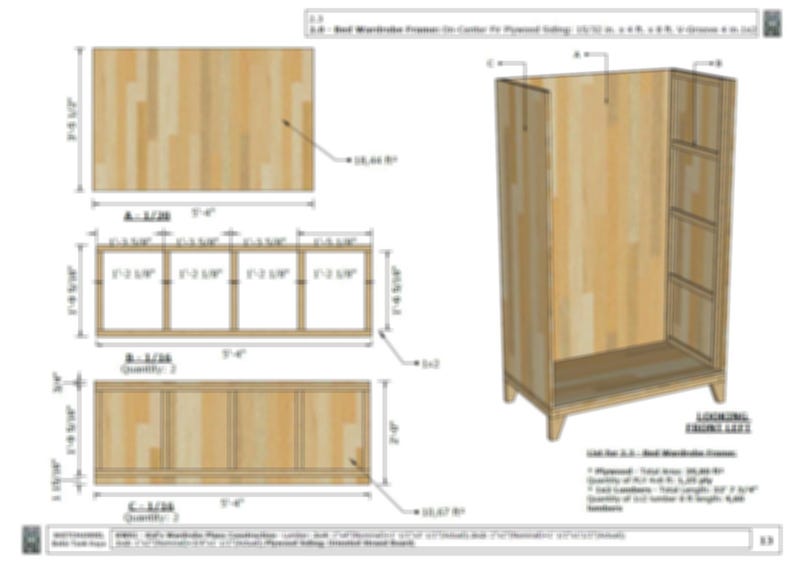 May include: Diagram of a bed wardrobe frame made of plywood. The diagram shows the dimensions of the frame in inches. The frame is made up of four pieces of plywood, each with a different size and shape. The frame is designed to be assembled using screws and glue.
